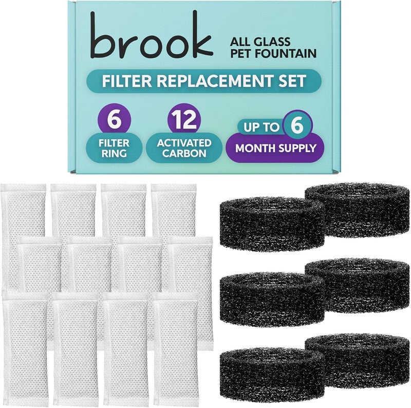 Brook Glass Pet Fountain Filter Replacement Set – 6 Filter Rings & 12 Activated Carbon Pouches – Up to 6 Month Supply Replacement Filters Set for Cat Fountain - Image 1